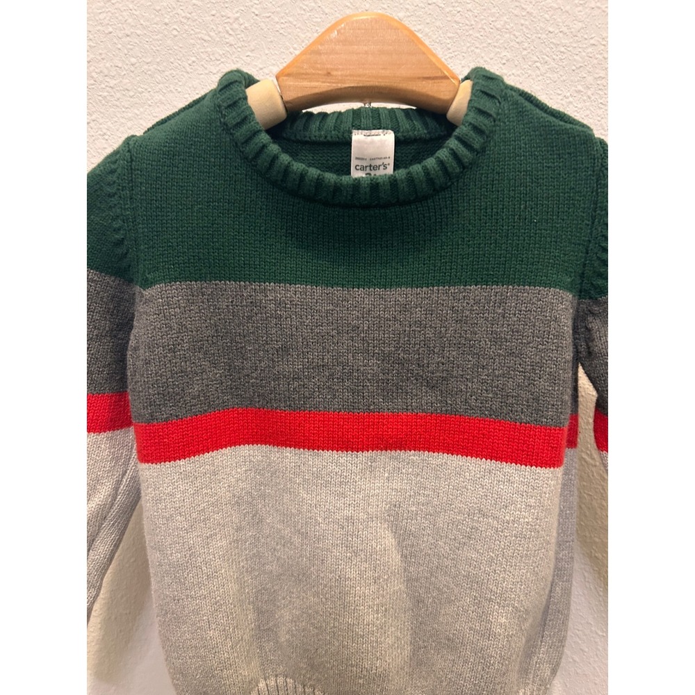 NWOT Carters Boys Green Gray Red Striped Crew Neck Sweater Size 3T - Picture 3 of 6